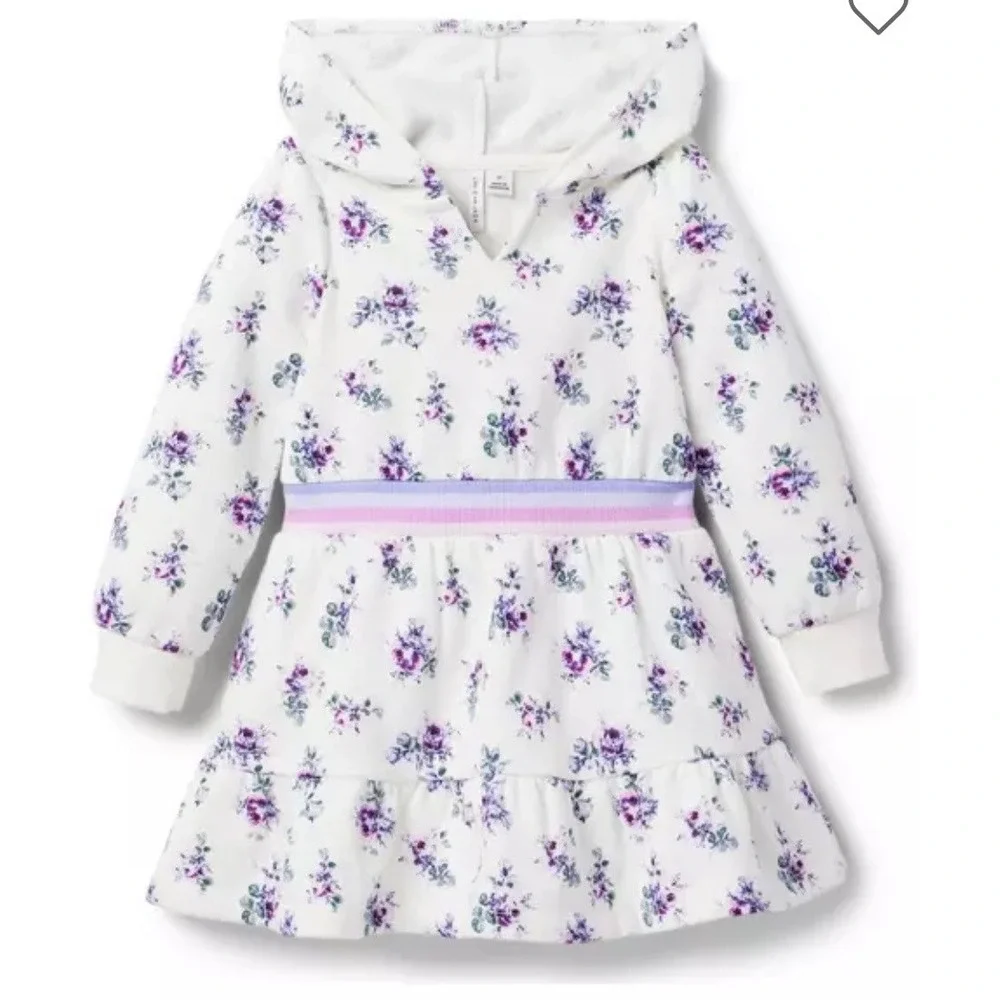 Janie and Jack Floral Hooded Dress Toddler Girls Size 12 White NEW Floral Ruffle